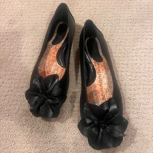 Born Black Leather Ballet Flats with Flower Detail
